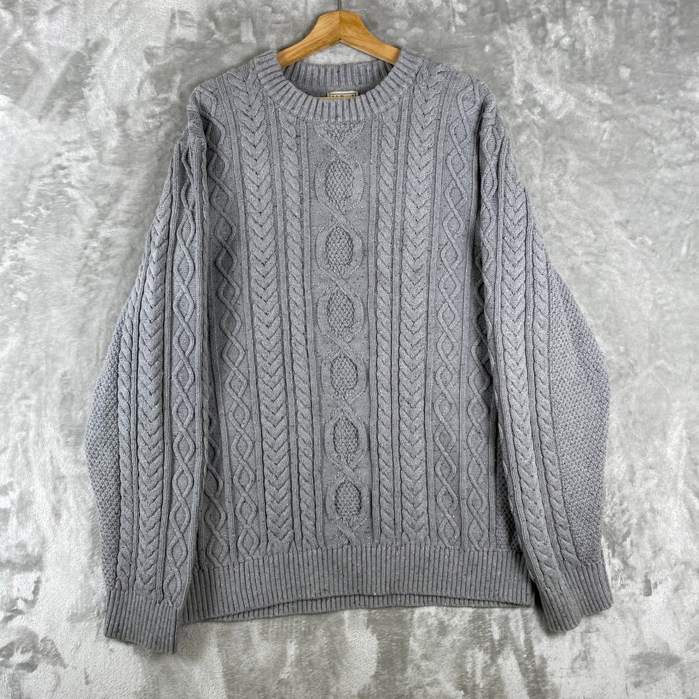 LL Bean Sweater Mens XXXL Tall Gray Cable Knit Organic Cotton Crewneck 515583